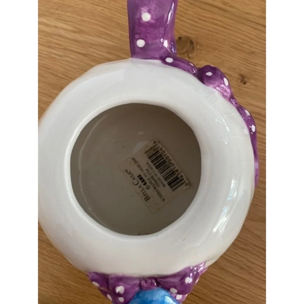 Bella Casa by Ganz Teapot Sun Hat Lid Purple Polka Dot Ribbon White Ceramic Good